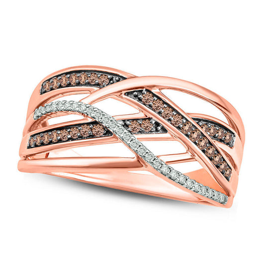 0.25 CT. T.W. Champagne and White Natural Diamond Layered Crossover Ring in Sterling Silver with Solid 14K Rose Gold Plate