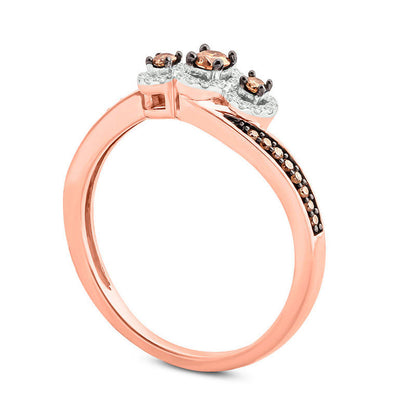 0.25 CT. T.W. Champagne and White Natural Diamond Three Stone Frame Bypass Promise Ring in Solid 10K Rose Gold