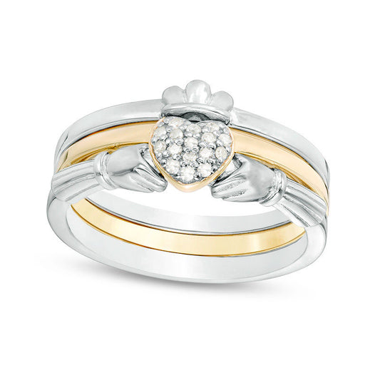 0.07 CT. T.W. Natural Diamond Claddagh Three Piece Stackable Band Set in Sterling Silver and Solid 18K Gold Plate