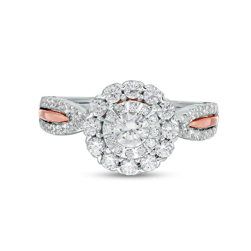 1.0 CT. T.W. Natural Diamond Double Frame Engagement Ring in Solid 14K Two-Tone Gold - Size 7