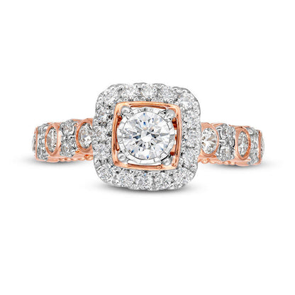 1.0 CT. T.W. Natural Diamond Cushion Frame Alternating Engagement Ring in Solid 14K Two-Tone Gold - Size 7