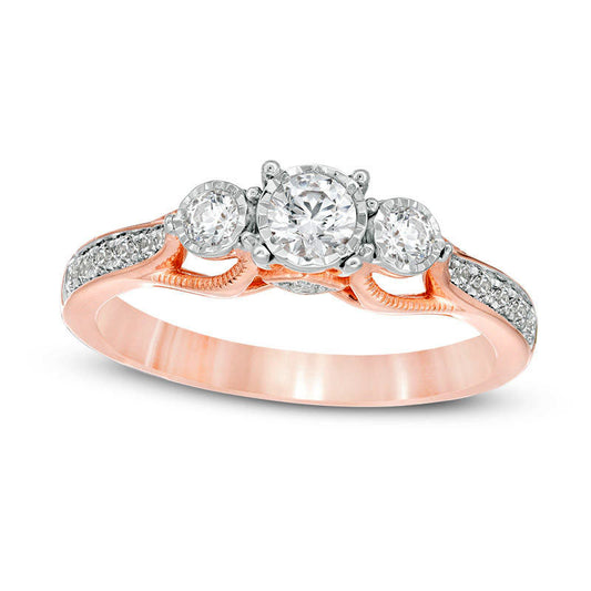 0.50 CT. T.W. Natural Diamond Three Stone Antique Vintage-Style Engagement Ring in Solid 14K Rose Gold - Size 7