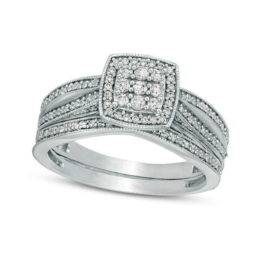 0.25 CT. T.W. Composite Natural Diamond Square Frame Antique Vintage-Style Bridal Engagement Ring Set in Sterling Silver