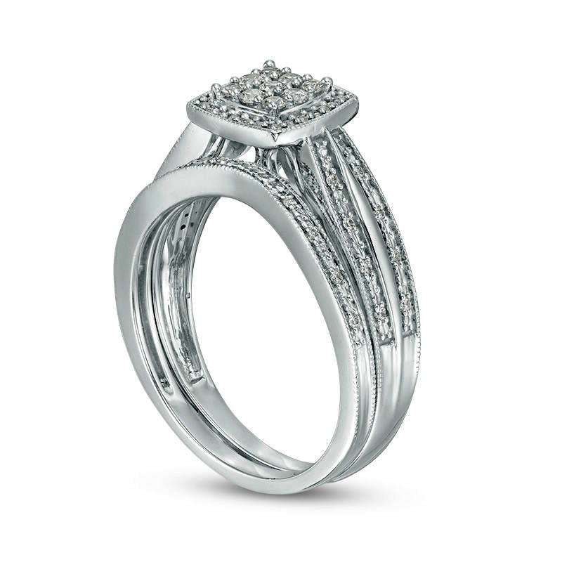 0.25 CT. T.W. Composite Natural Diamond Square Frame Antique Vintage-Style Bridal Engagement Ring Set in Sterling Silver