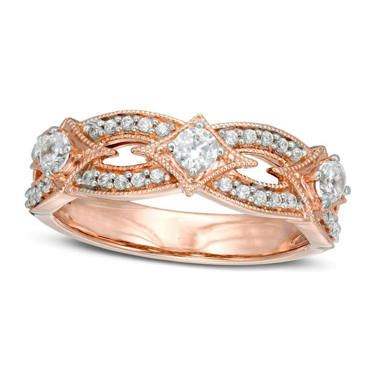 0.50 CT. T.W. Natural Diamond Three Stone Contour Antique Vintage-Style Anniversary Band in Solid 14K Rose Gold