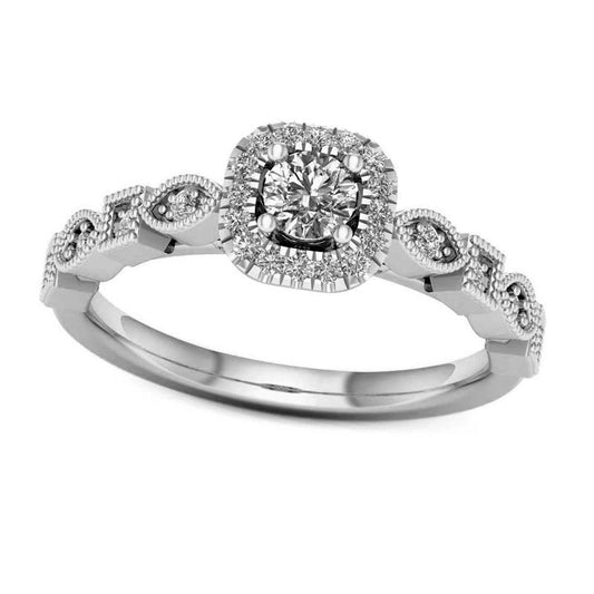 0.38 CT. T.W. Natural Diamond Cushion Frame Alternating Antique Vintage-Style Engagement Ring in Solid 14K White Gold