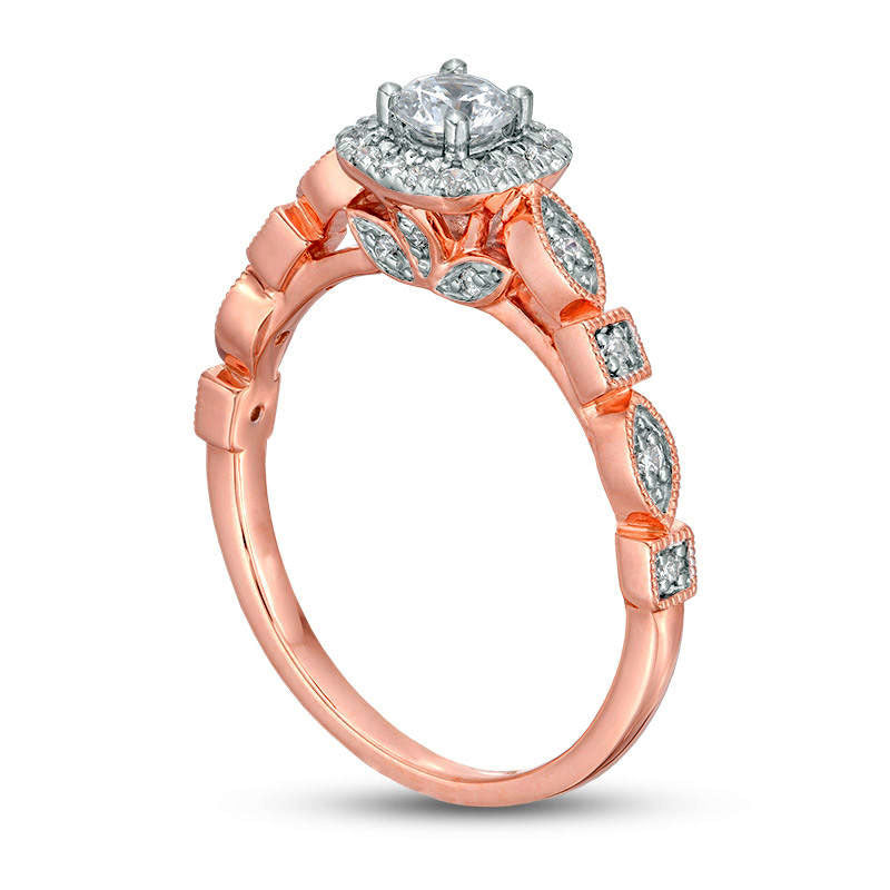 0.38 CT. T.W. Natural Diamond Cushion Frame Alternating Antique Vintage-Style Engagement Ring in Solid 14K Rose Gold