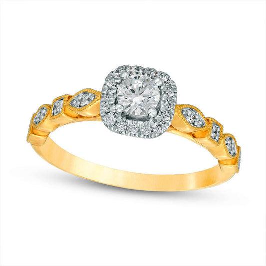 0.38 CT. T.W. Natural Diamond Cushion Frame Alternating Antique Vintage-Style Engagement Ring in Solid 14K Gold