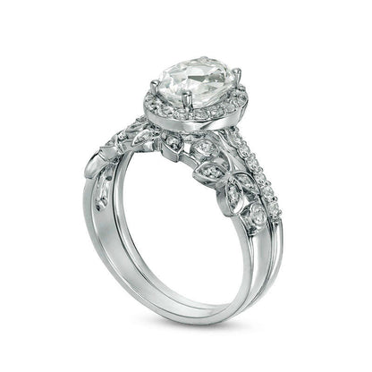 Oval Lab-Created White Sapphire Frame Vine Bridal Engagement Ring Set in Sterling Silver