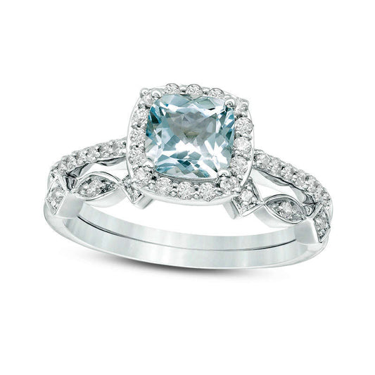 6.0mm Cushion-Cut Aquamarine and 0.20 CT. T.W. Natural Diamond Frame Art Deco Bridal Engagement Ring Set in Solid 10K White Gold