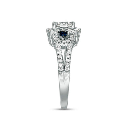 0.88 CT. T.W. Natural Diamond and Blue Sapphire Cushion Frame Engagement Ring in Solid 10K White Gold