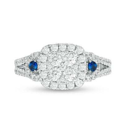 0.88 CT. T.W. Natural Diamond and Blue Sapphire Cushion Frame Engagement Ring in Solid 10K White Gold