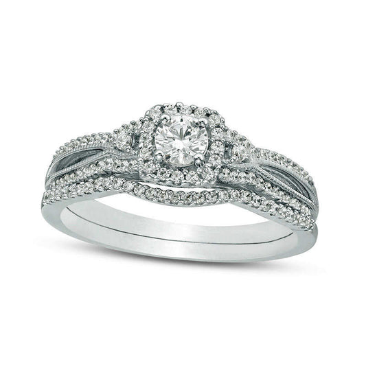 0.50 CT. T.W. Natural Diamond Square Frame Antique Vintage-Style Bridal Engagement Ring Set in Solid 10K White Gold