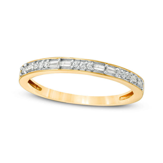 0.13 CT. T.W. Baguette and Round Natural Diamond Two Stone Alternating Stackable Band in Solid 10K Yellow Gold