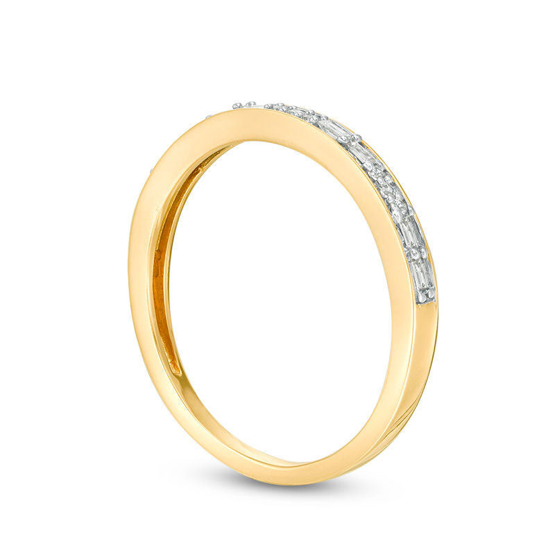 0.13 CT. T.W. Baguette and Round Natural Diamond Two Stone Alternating Stackable Band in Solid 10K Yellow Gold