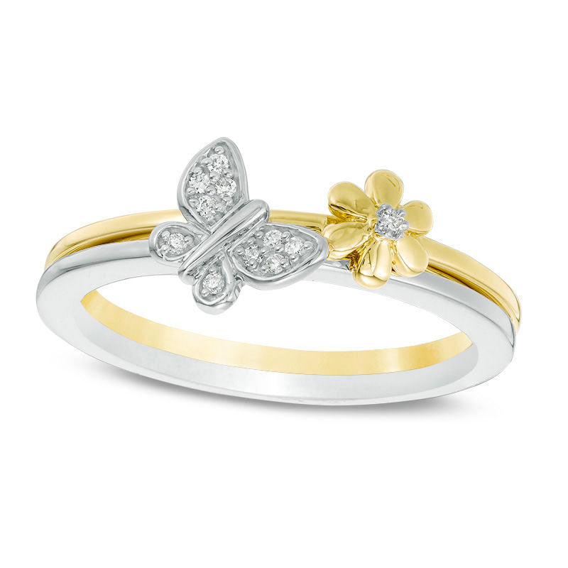 0.05 CT. T.W. Natural Diamond Flower and Butterfly Two Piece Stackable Ring Set in Solid 10K Two-Tone Gold