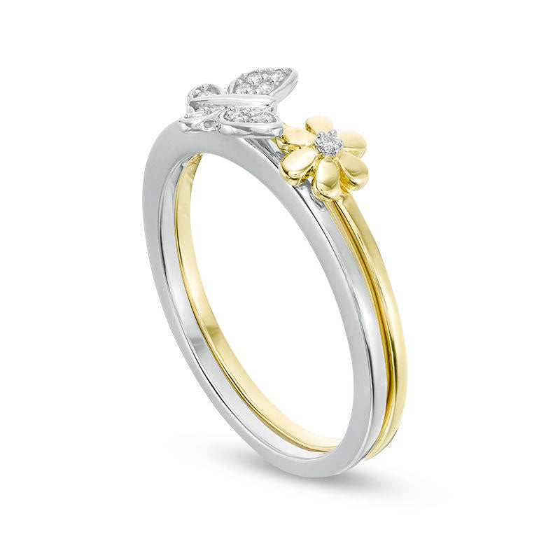 0.05 CT. T.W. Natural Diamond Flower and Butterfly Two Piece Stackable Ring Set in Solid 10K Two-Tone Gold