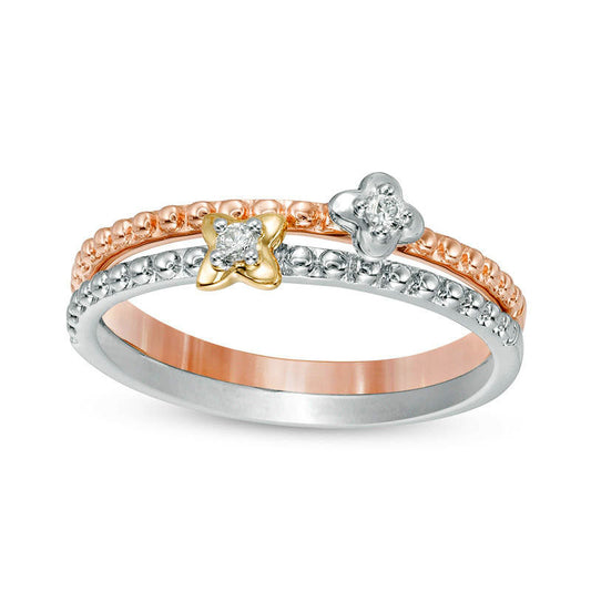 0.05 CT. T.W. Natural Diamond Clover Two Piece Stackable Ring Set in Solid 10K Tri-Tone Gold