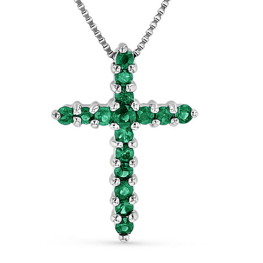 Emerald Cross Pendant in 14K White Gold