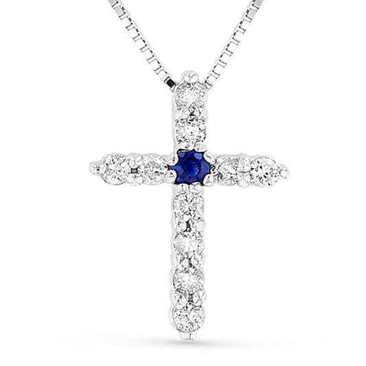 Blue Sapphire and 0.17 CT. T.W. Natural Diamond Cross Pendant in 14K White Gold