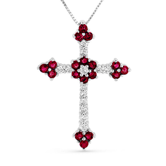 Ruby and 0.33 CT. T.W. Natural Diamond Floral Cross Pendant in 14K White Gold