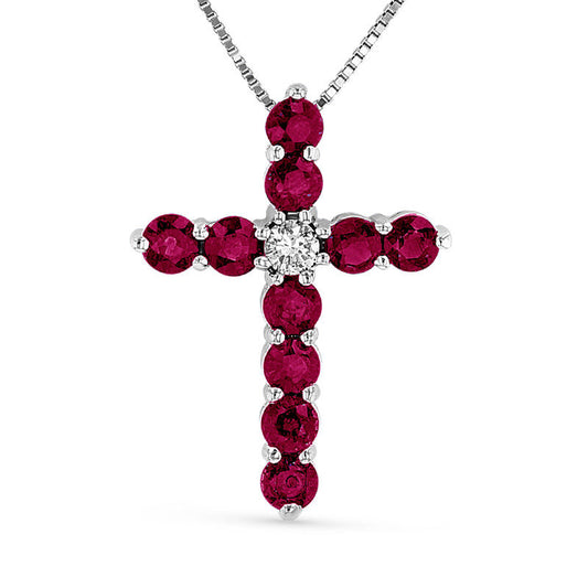 Ruby and 0.07 CT. Natural Diamond Cross Pendant in 14K White Gold