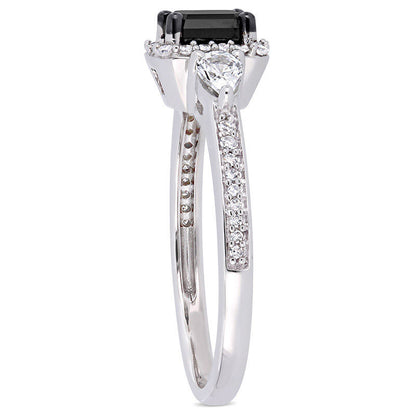 0.88 CT. T.W. Emerald-Cut Enhanced Black and White Sapphire Three Stone Frame Engagement Ring in Solid 10K White Gold