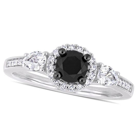 0.63 CT. T.W. Enhanced Black Natural Diamond and White Sapphire Three Stone Frame Engagement Ring in Solid 10K White Gold