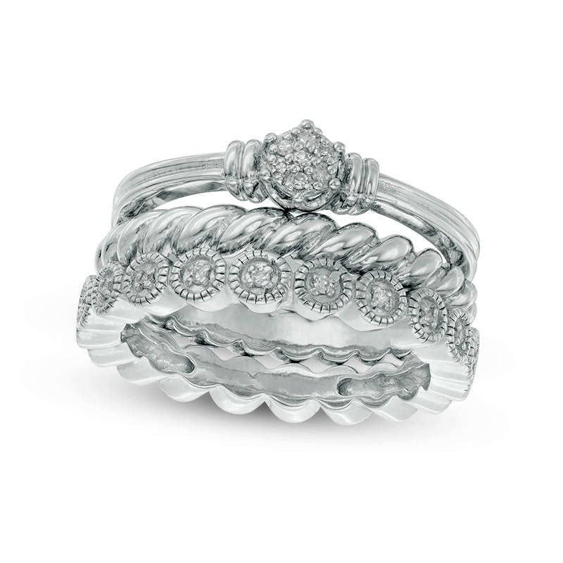 0.10 CT. T.W. Natural Diamond Antique Vintage-Style Three Piece Stackable Band Set in Sterling Silver