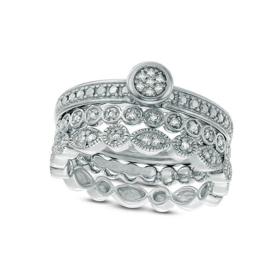 0.10 CT. T.W. Natural Diamond Antique Vintage-Style Three Piece Stackable Band Set in Sterling Silver