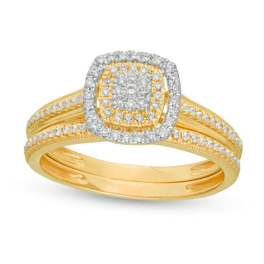 0.33 CT. T.W. Composite Natural Diamond Double Cushion Frame Antique Vintage-Style Bridal Engagement Ring Set in Solid 10K Yellow Gold