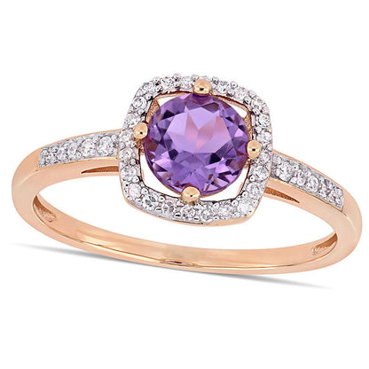 6.0mm Amethyst and 0.13 CT. T.W. Natural Diamond Cushion Frame Ring in Solid 10K Rose Gold