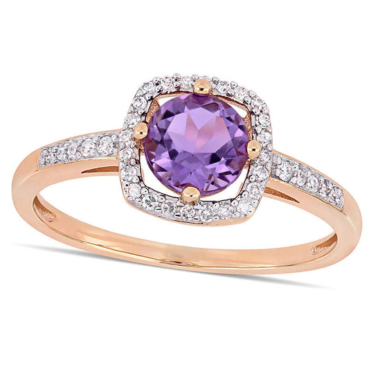 6.0mm Amethyst and 0.13 CT. T.W. Natural Diamond Cushion Frame Ring in Solid 10K Rose Gold