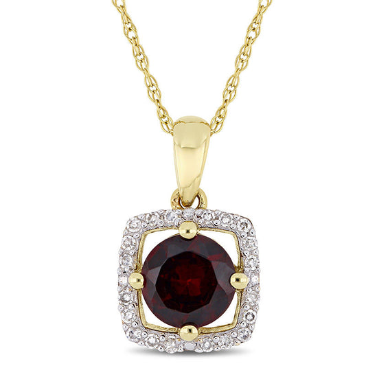 6.0mm Garnet and 0.1 CT. T.W. Natural Diamond Cushion Frame Pendant in 10K Yellow Gold - 17"