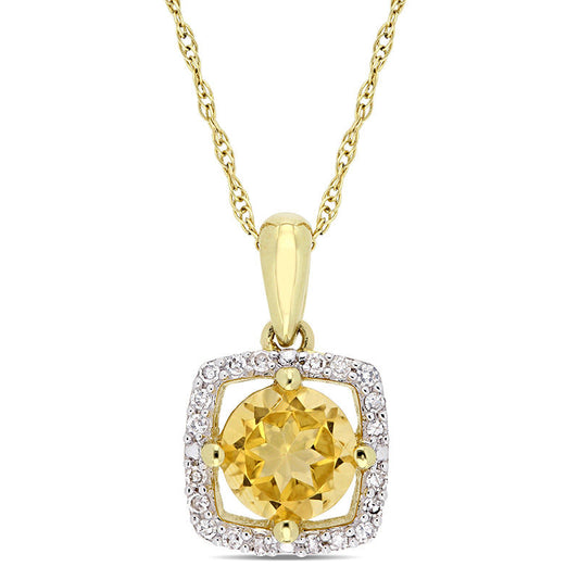 6.0mm Citrine and 0.1 CT. T.W. Natural Diamond Cushion Frame Pendant in 10K Yellow Gold - 17"