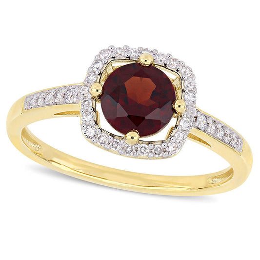 6.0mm Garnet and 0.13 CT. T.W. Natural Diamond Cushion Frame Ring in Solid 10K Yellow Gold