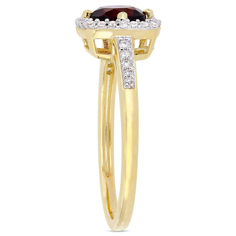 6.0mm Garnet and 0.13 CT. T.W. Natural Diamond Cushion Frame Ring in Solid 10K Yellow Gold