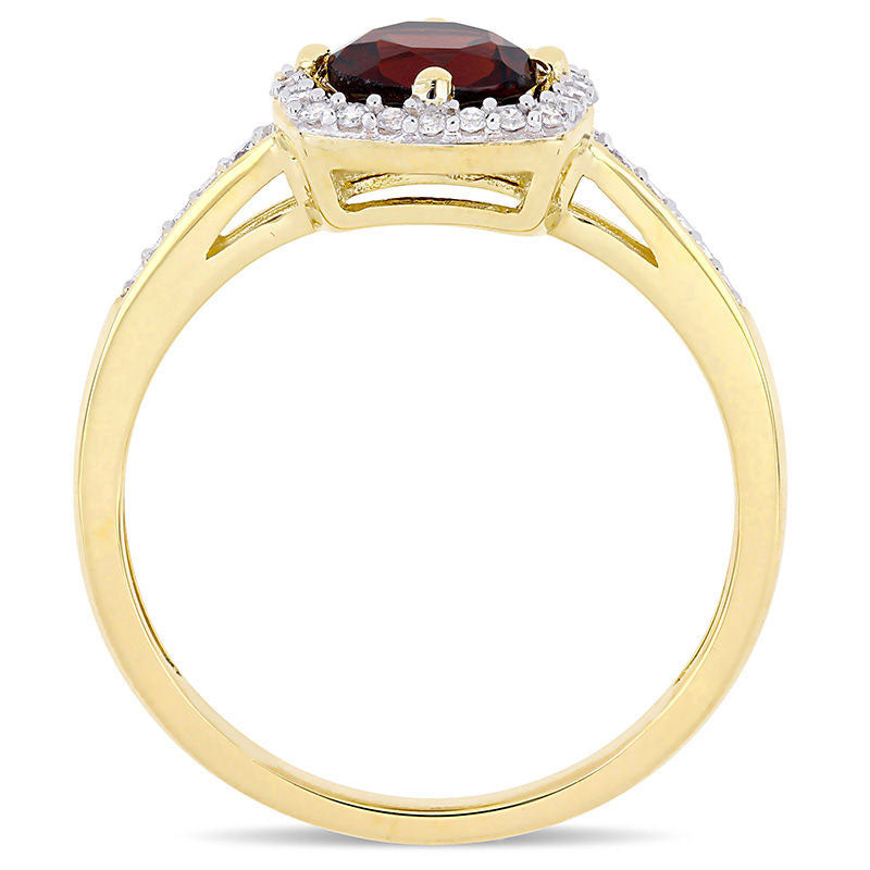 6.0mm Garnet and 0.13 CT. T.W. Natural Diamond Cushion Frame Ring in Solid 10K Yellow Gold
