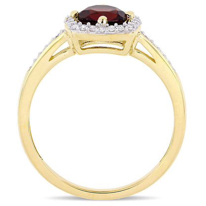 6.0mm Garnet and 0.13 CT. T.W. Natural Diamond Cushion Frame Ring in Solid 10K Yellow Gold