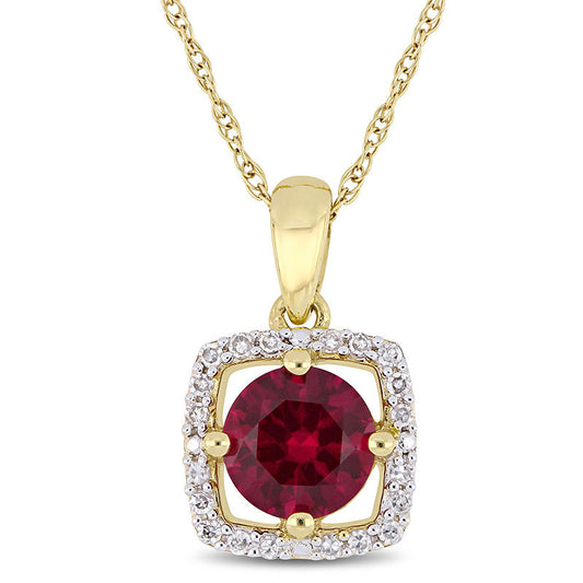 6.0mm Lab-Created Ruby and 0.1 CT. T.W. Diamond Cushion Frame Pendant in 10K Yellow Gold - 17"