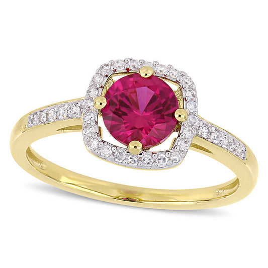 6.0mm Lab-Created Ruby and 0.13 CT. T.W. Diamond Cushion Frame Ring in Solid 10K Yellow Gold