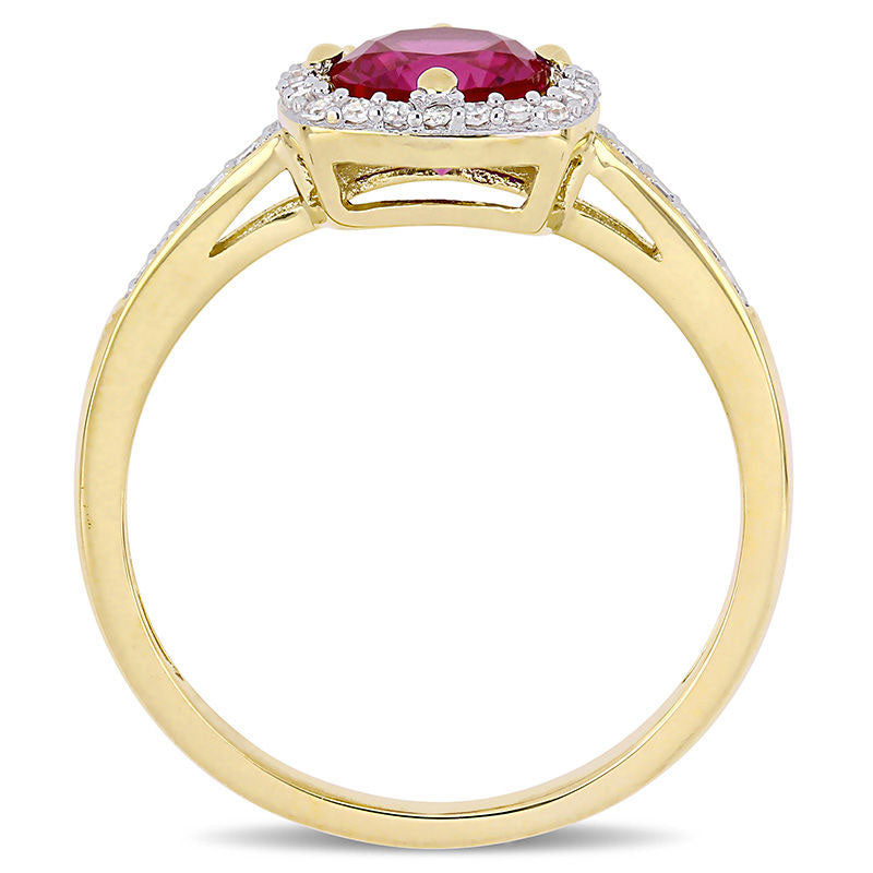 6.0mm Lab-Created Ruby and 0.13 CT. T.W. Diamond Cushion Frame Ring in Solid 10K Yellow Gold