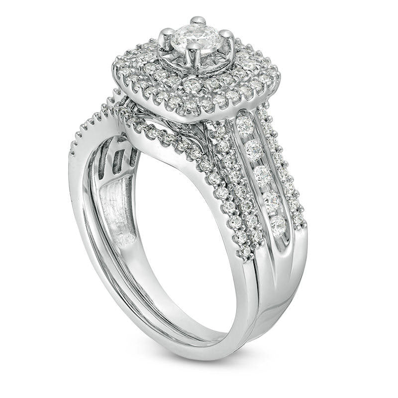 1.0 CT. T.W. Natural Diamond Double Cushion Frame Multi-Row Bridal Engagement Ring Set in Solid 10K White Gold