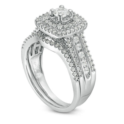 1.0 CT. T.W. Natural Diamond Double Cushion Frame Multi-Row Bridal Engagement Ring Set in Solid 10K White Gold