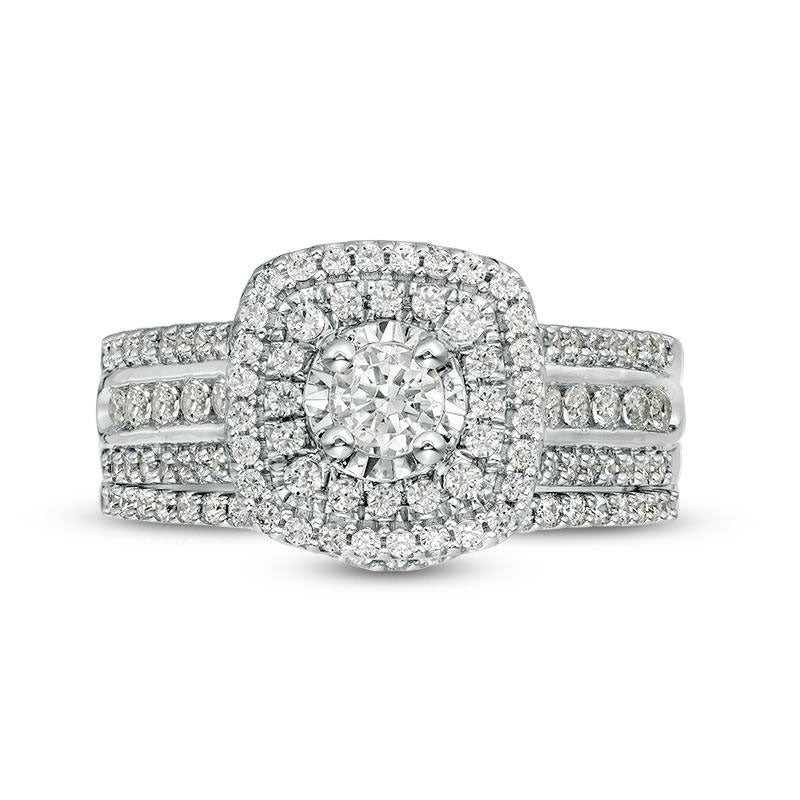 1.0 CT. T.W. Natural Diamond Double Cushion Frame Multi-Row Bridal Engagement Ring Set in Solid 10K White Gold