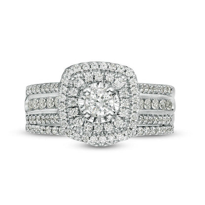1.0 CT. T.W. Natural Diamond Double Cushion Frame Multi-Row Bridal Engagement Ring Set in Solid 10K White Gold