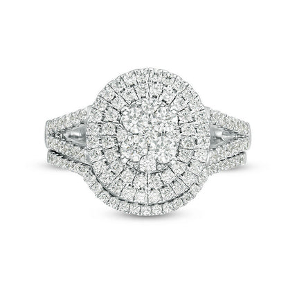 1.13 CT. T.W. Quad Natural Diamond Double Oval Frame Bridal Engagement Ring Set in Solid 10K White Gold