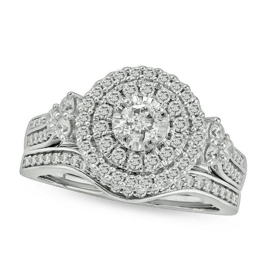 1.0 CT. T.W. Natural Diamond Double Frame Tri-Sides Bridal Engagement Ring Set in Solid 10K White Gold