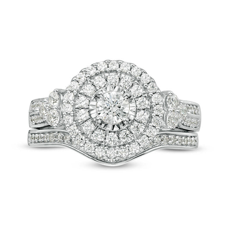 1.0 CT. T.W. Natural Diamond Double Frame Tri-Sides Bridal Engagement Ring Set in Solid 10K White Gold