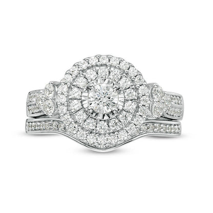 1.0 CT. T.W. Natural Diamond Double Frame Tri-Sides Bridal Engagement Ring Set in Solid 10K White Gold